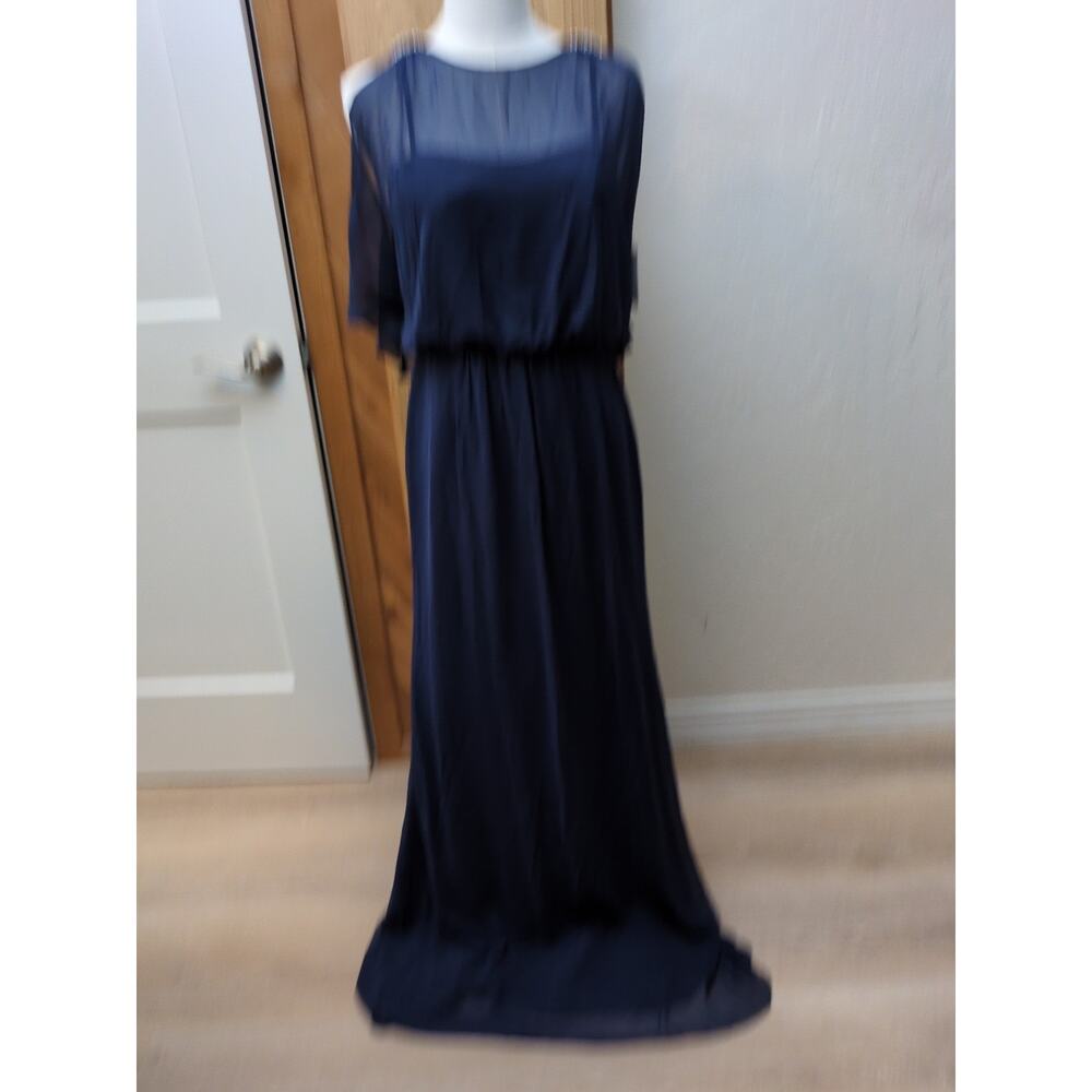 Davids Bridal Cold Shoulder Long Chiffon Dress F20365 Marine Blue 4 Bridesmaid
